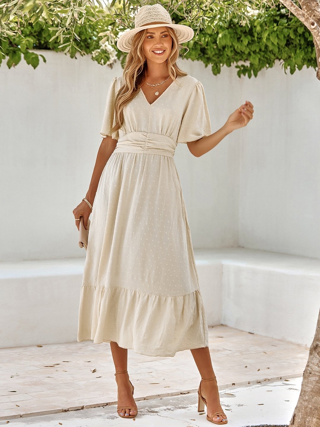 Women Cream Polyester Dress