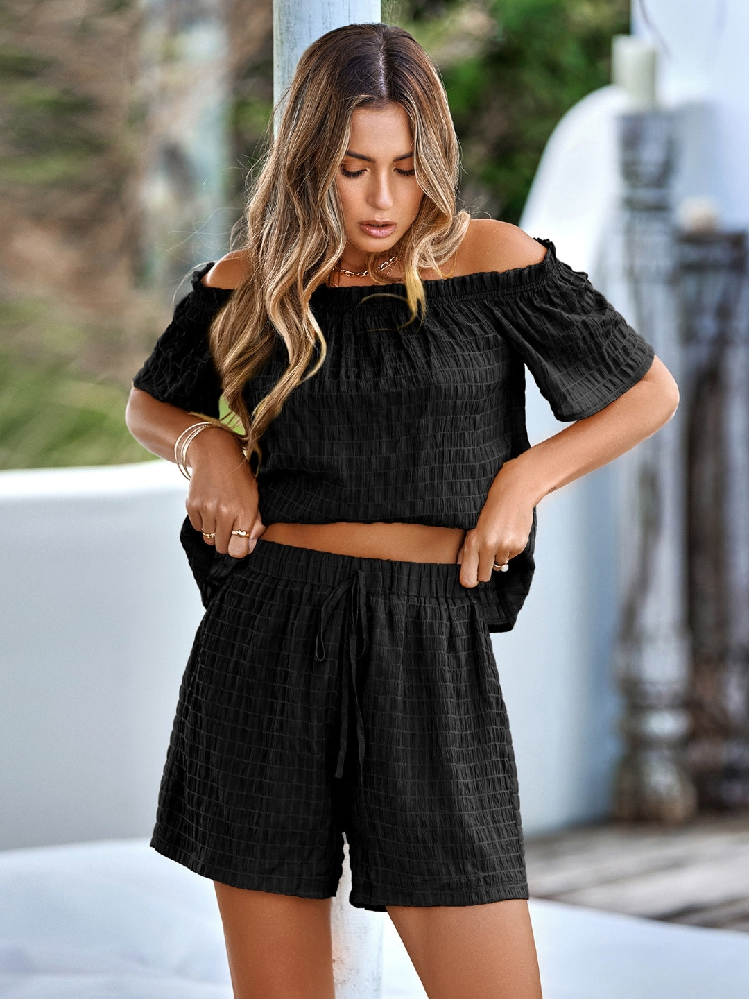 Black Polyester Tops & Shorts Clothing Set