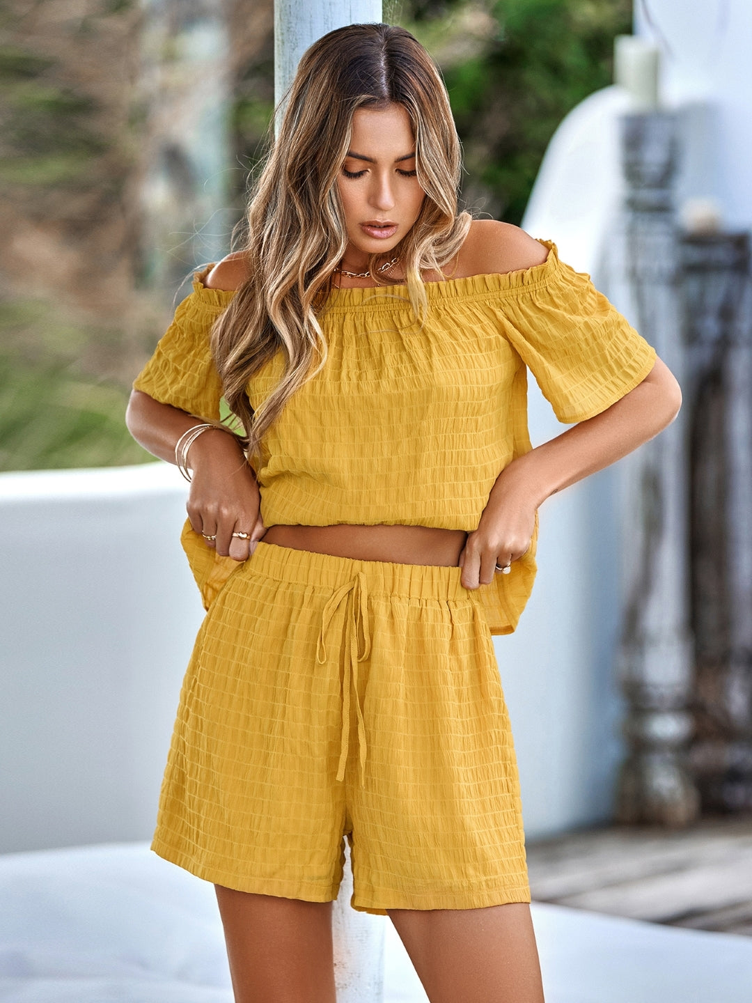 Yellow Polyester Tops & Shorts Clothing Set