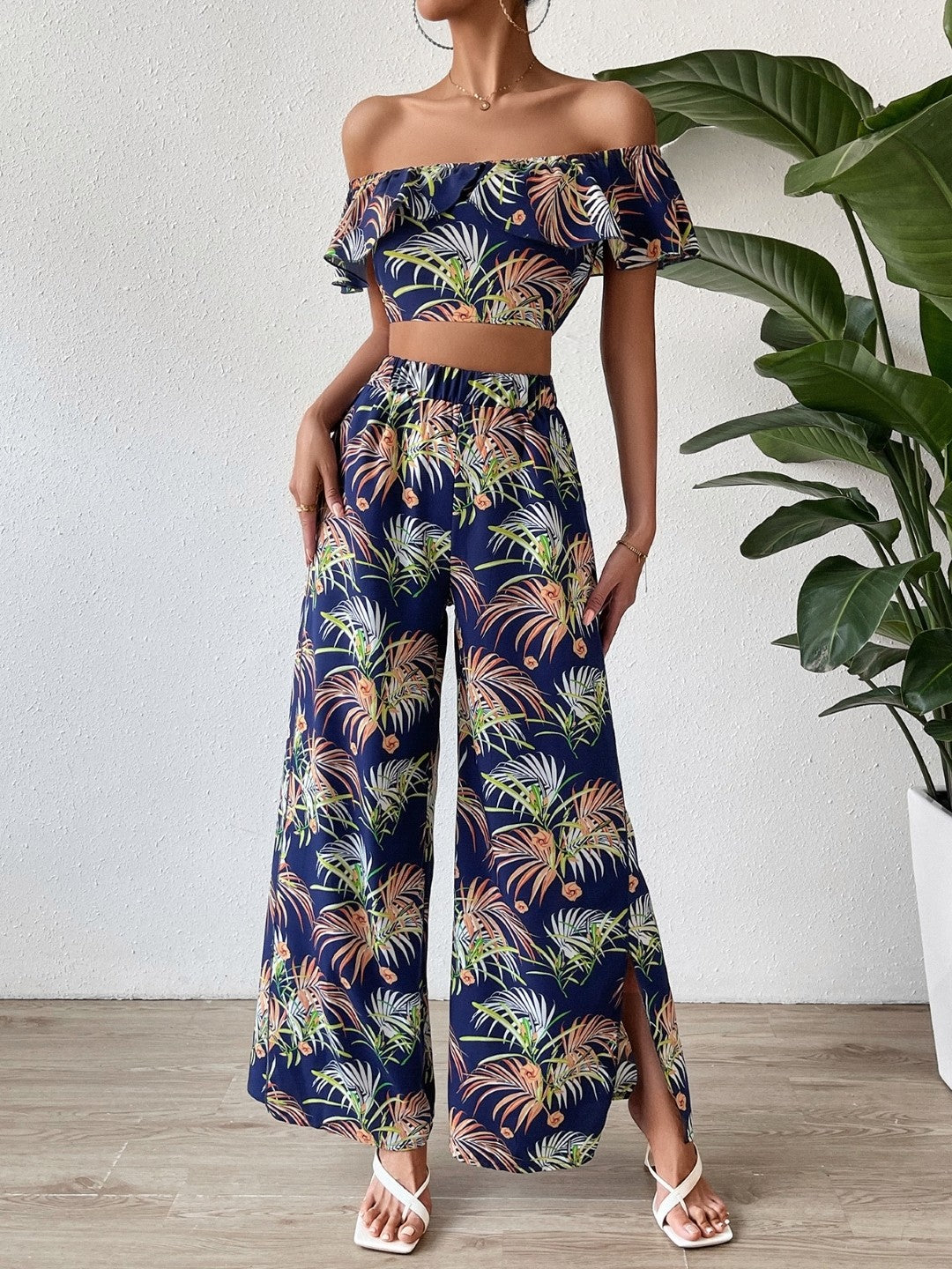 Navy Blue Polyester Crop Top & Palazzo Set