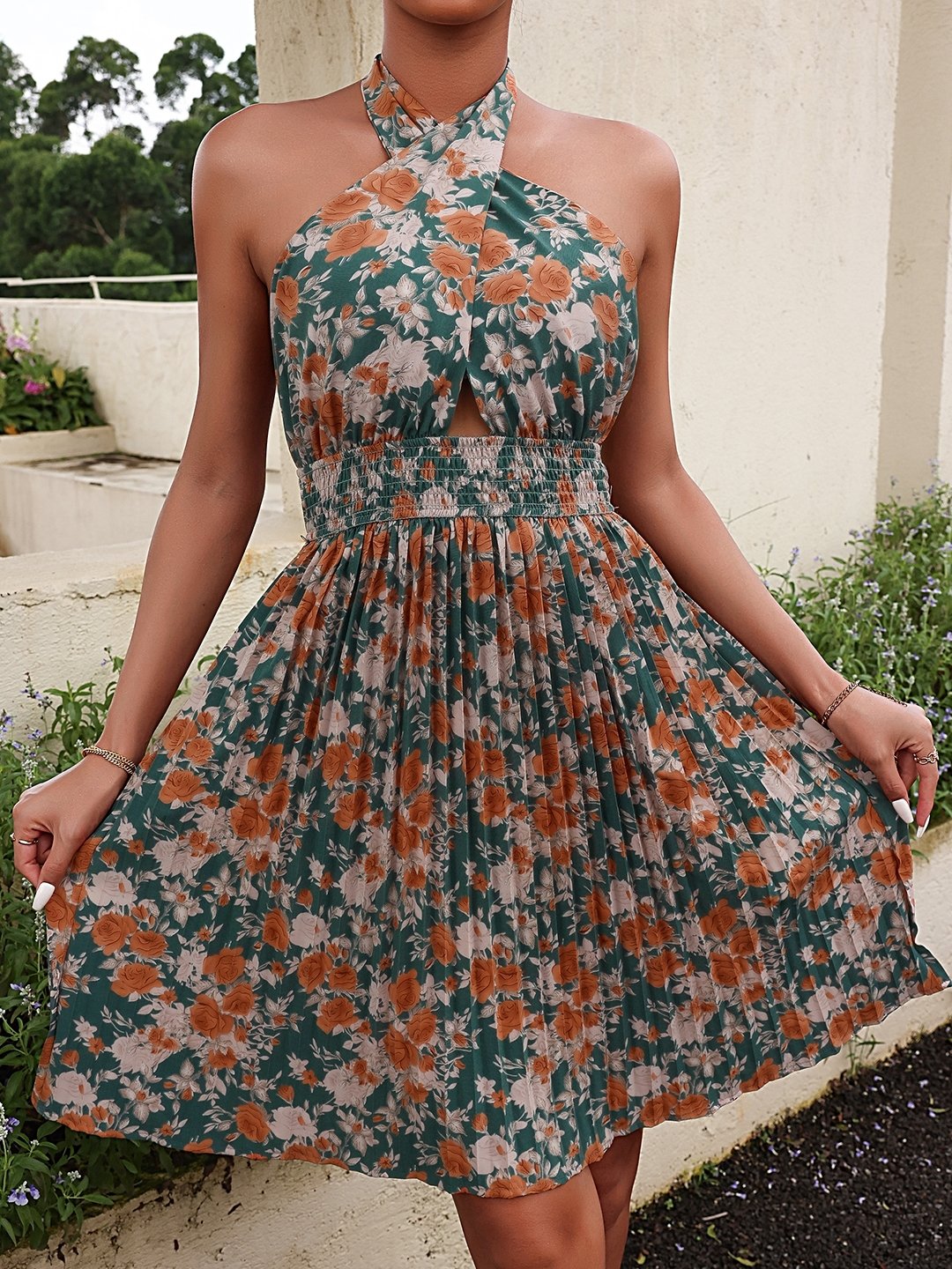 Green Polyester Floral Print Dress