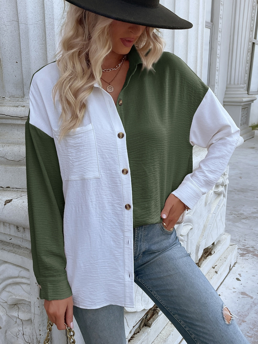 Green & White Shirt-Style Polyester Top