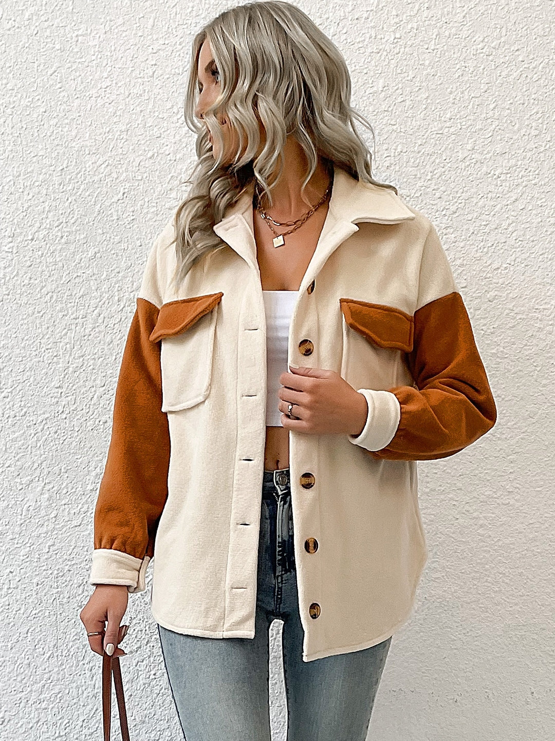 Cream Shirt-Style Polyester Jacket