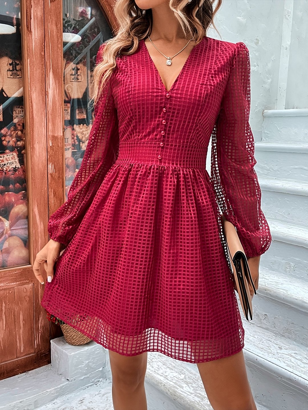 Red Polyester V-Neck Dress