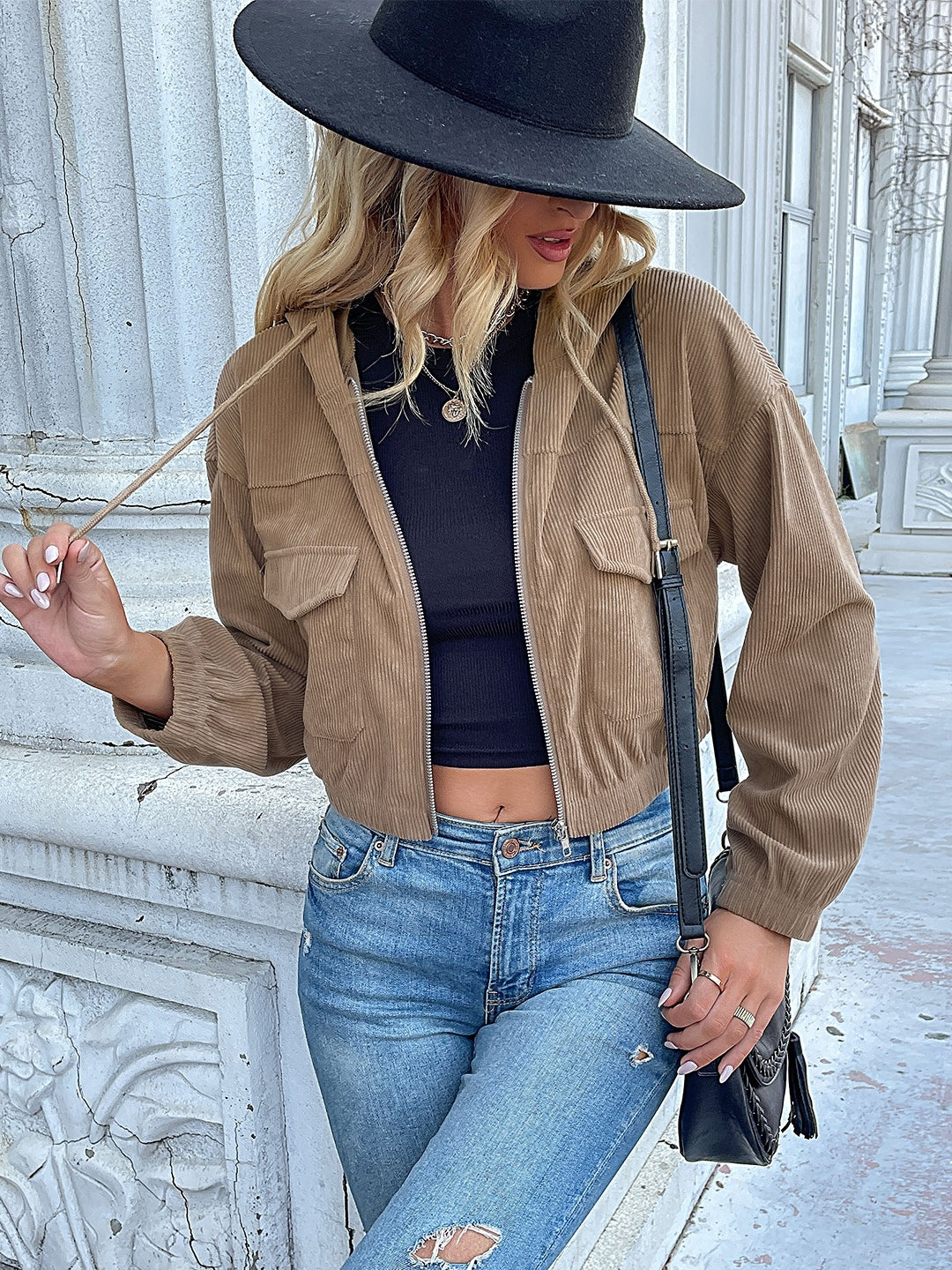 Khaki Polyester Crop Jacket