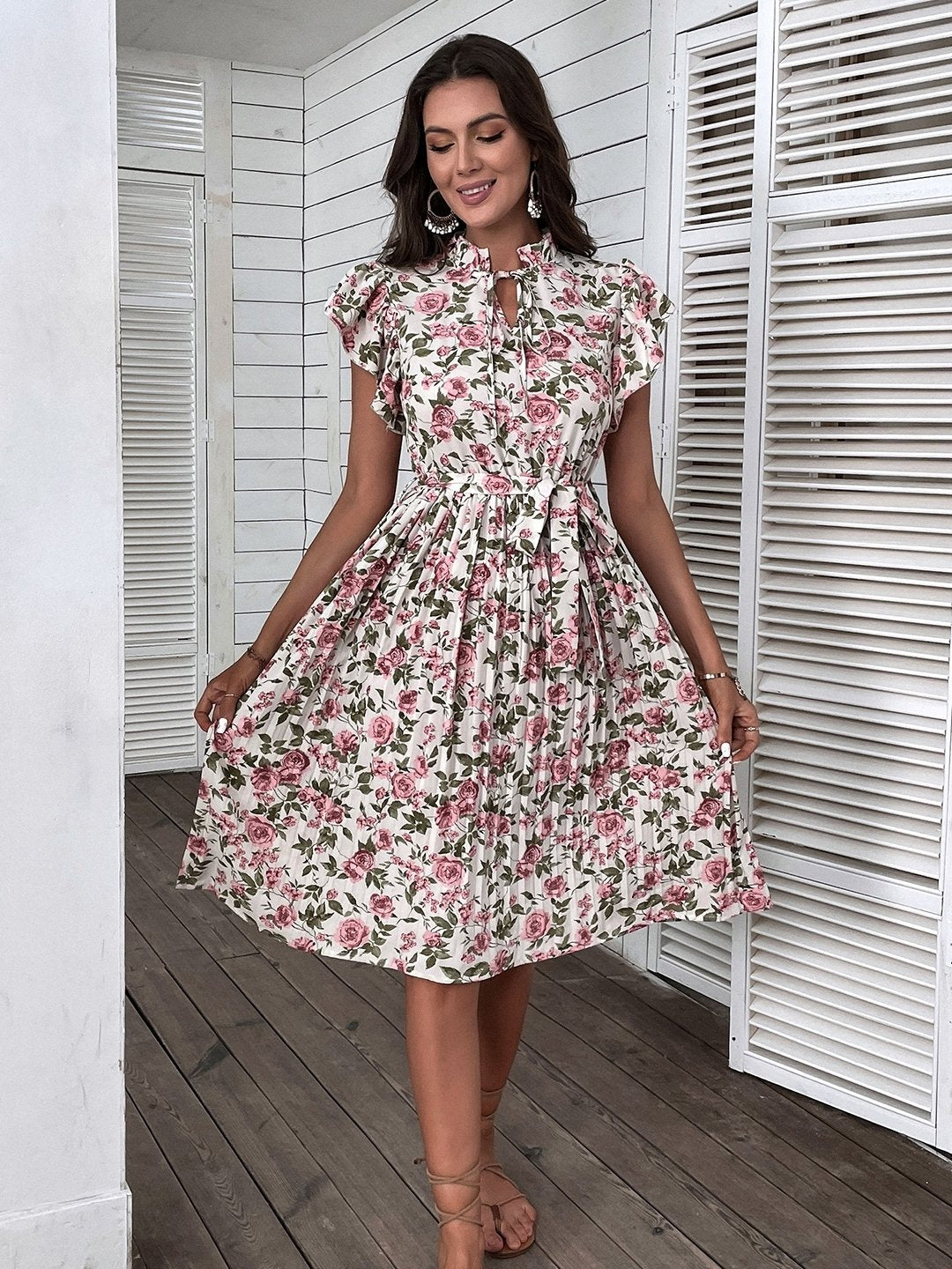 White Polyester Keyhole Neck Dress