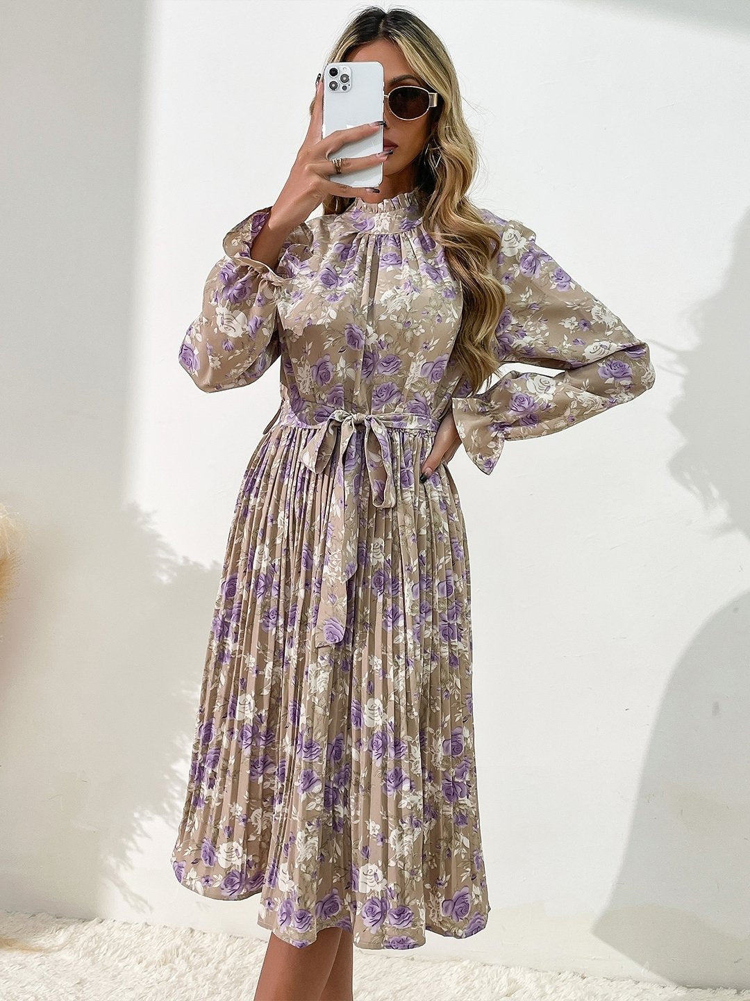 Khaki Round Neck Polyester Dress