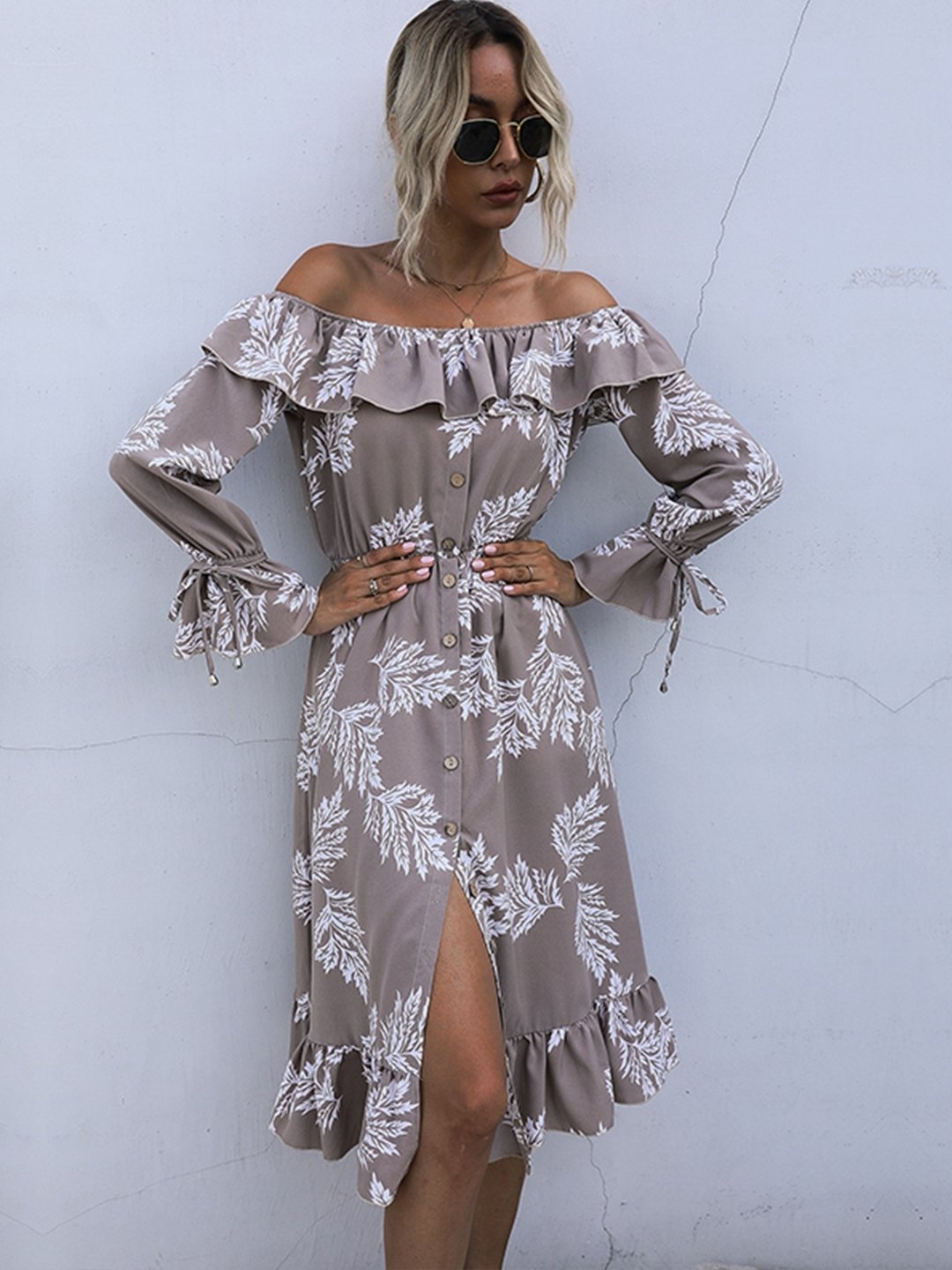 Brown Off-Shoulder Polyester Dress