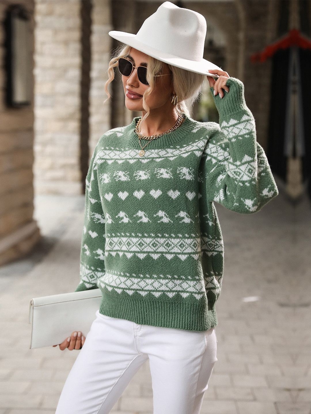 Green Polyester Round Neck Sweater