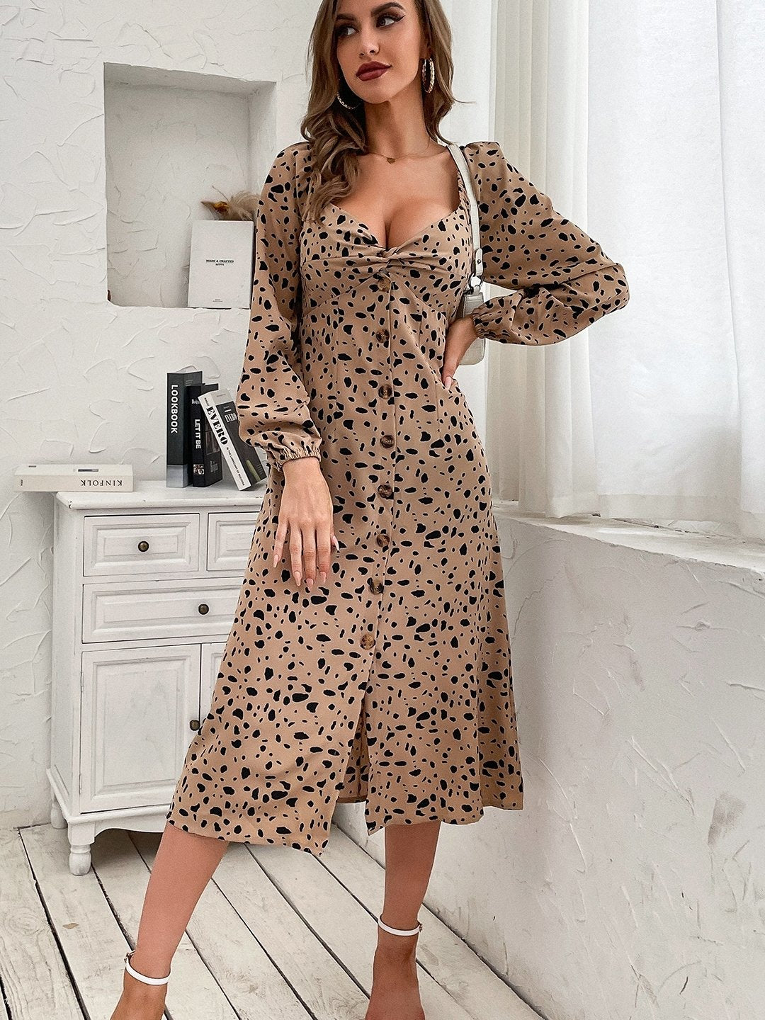 Khaki Deep Neck Polyester Dress