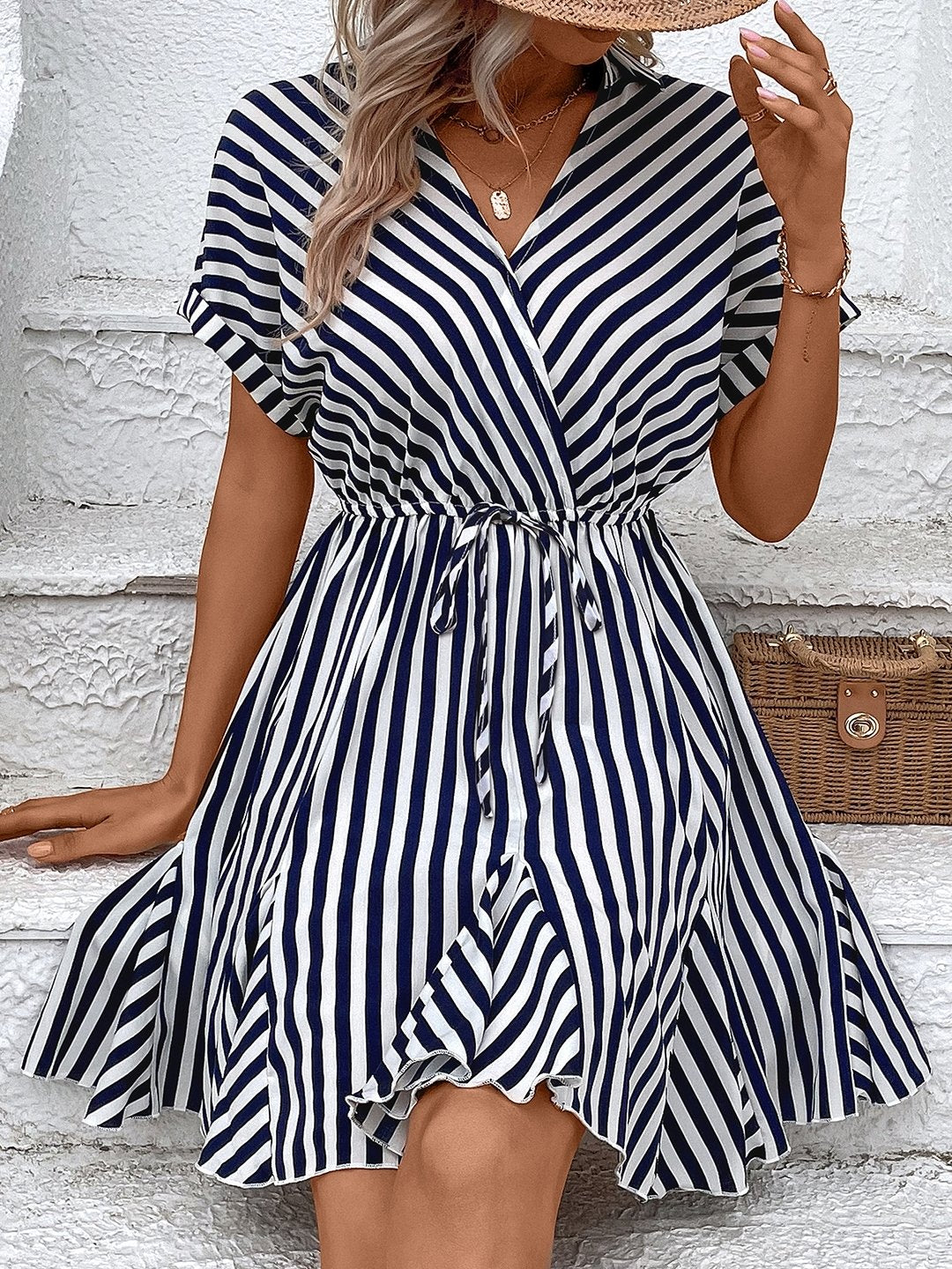 Navy Blue Polyester V-Neck Dress
