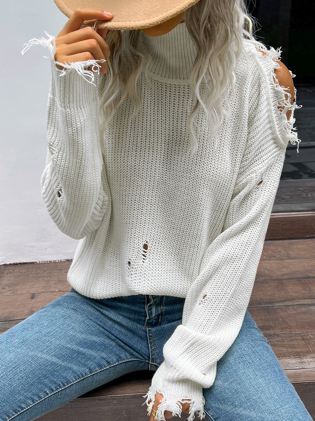 White Polyester High Neck Sweater