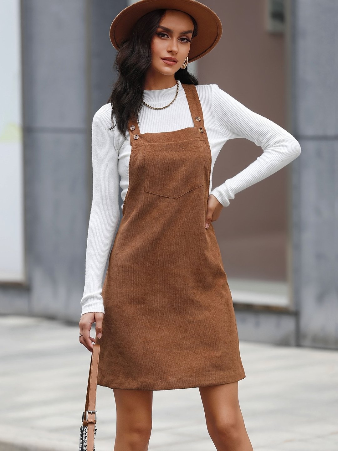 Brown Round Neck Polyester Dress