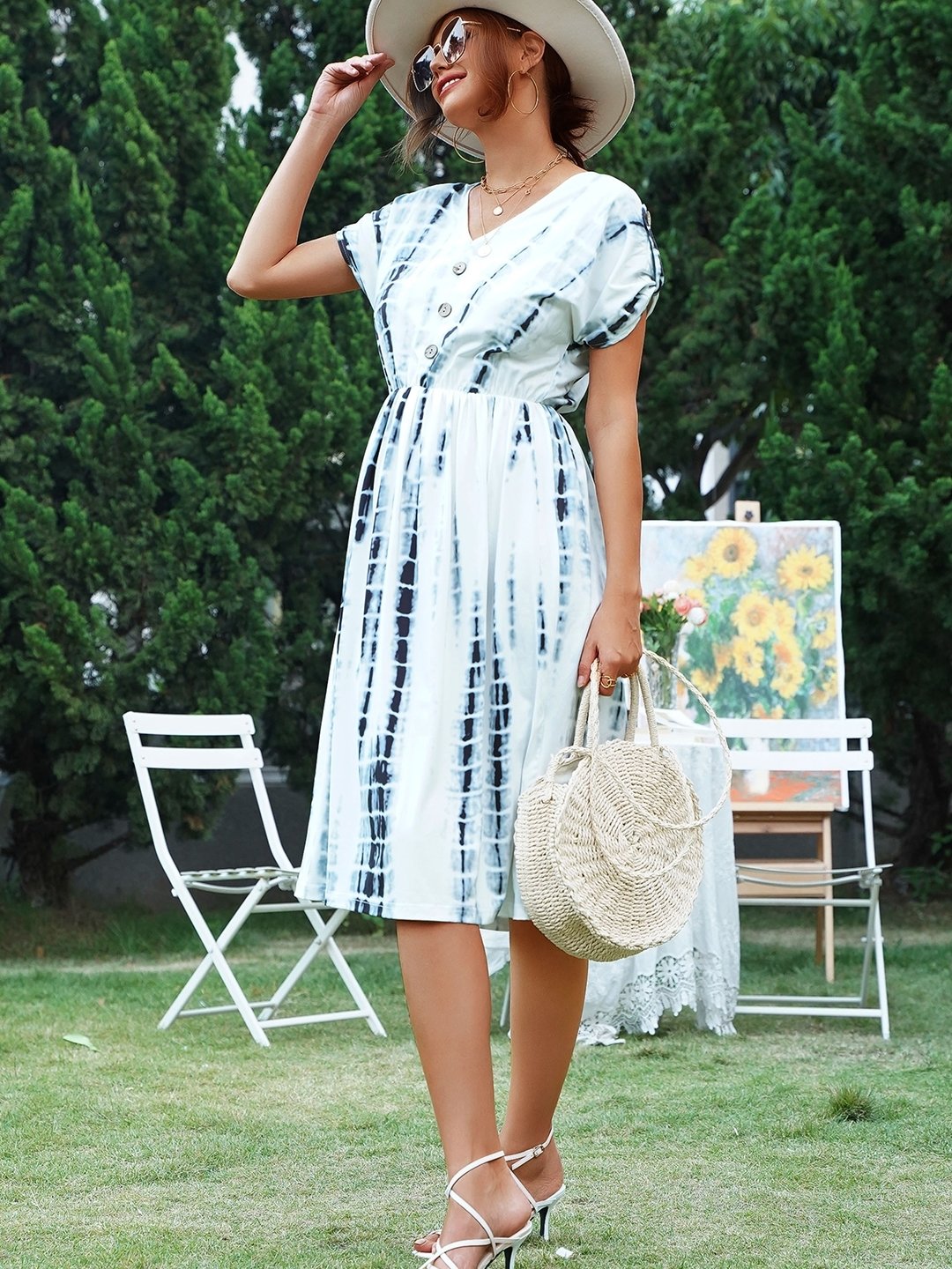 Blue Polyester V-Neck Dress