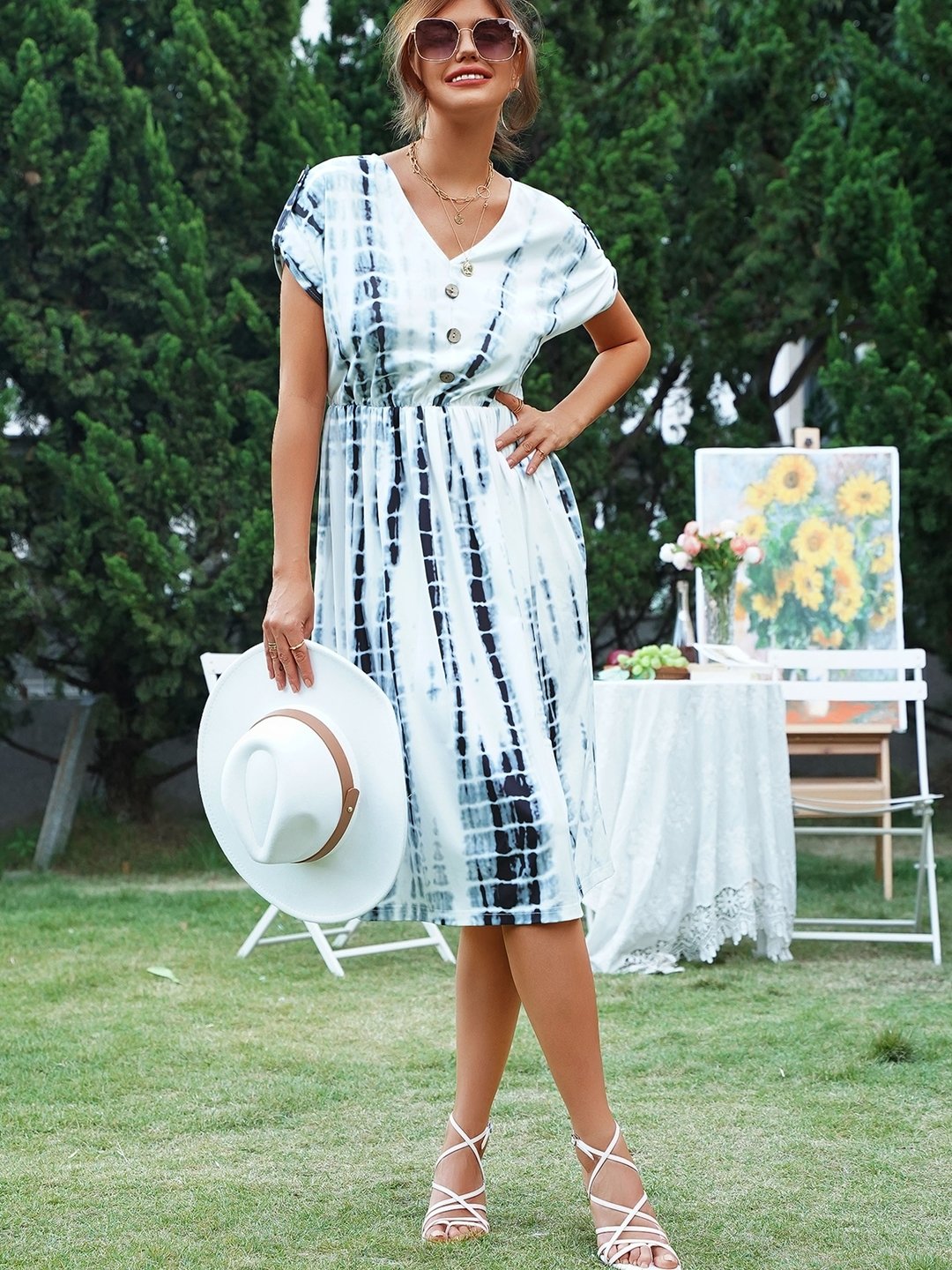 Blue Polyester V-Neck Dress