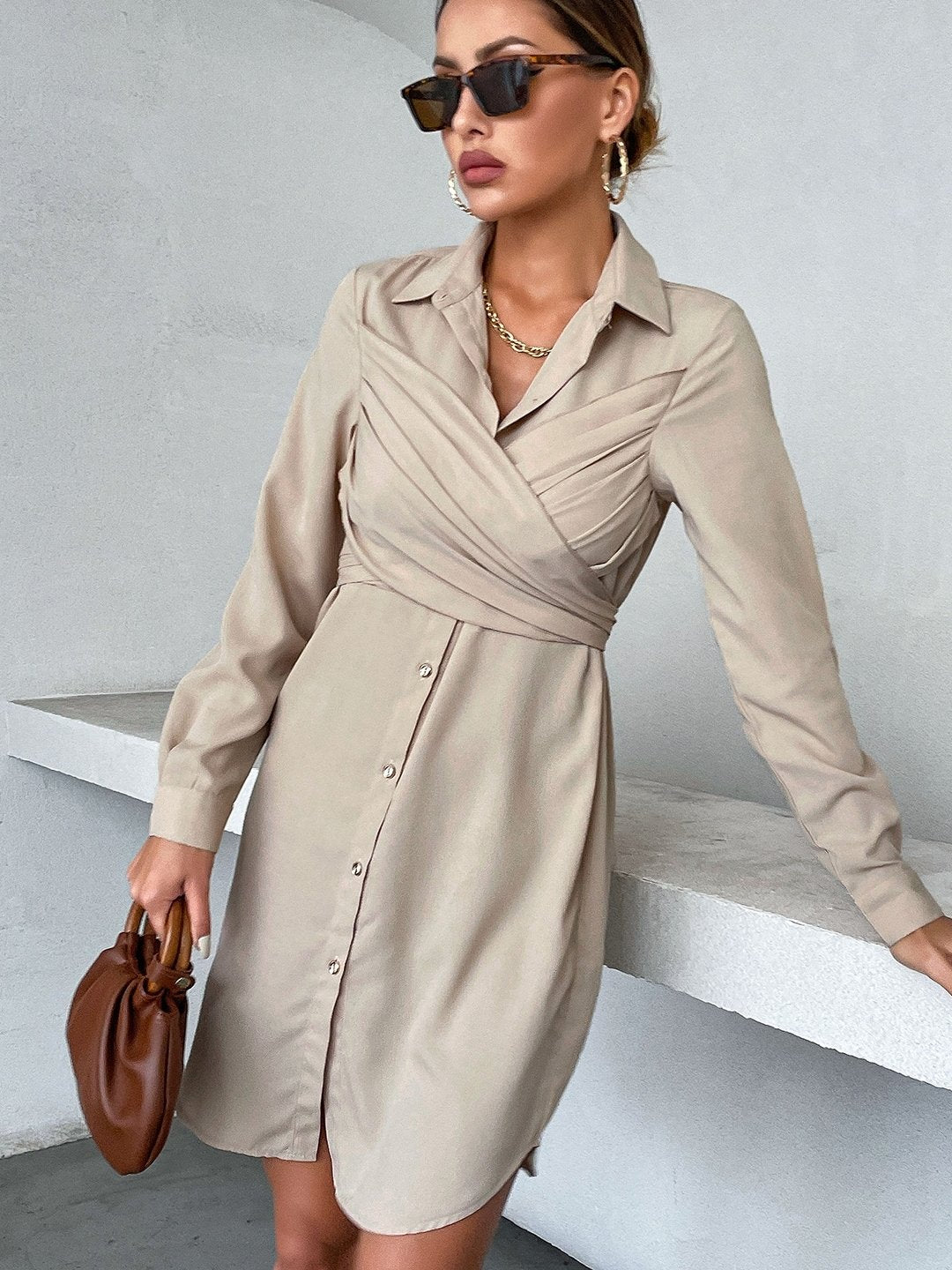 Khaki Shirt Collar Polyester Dress
