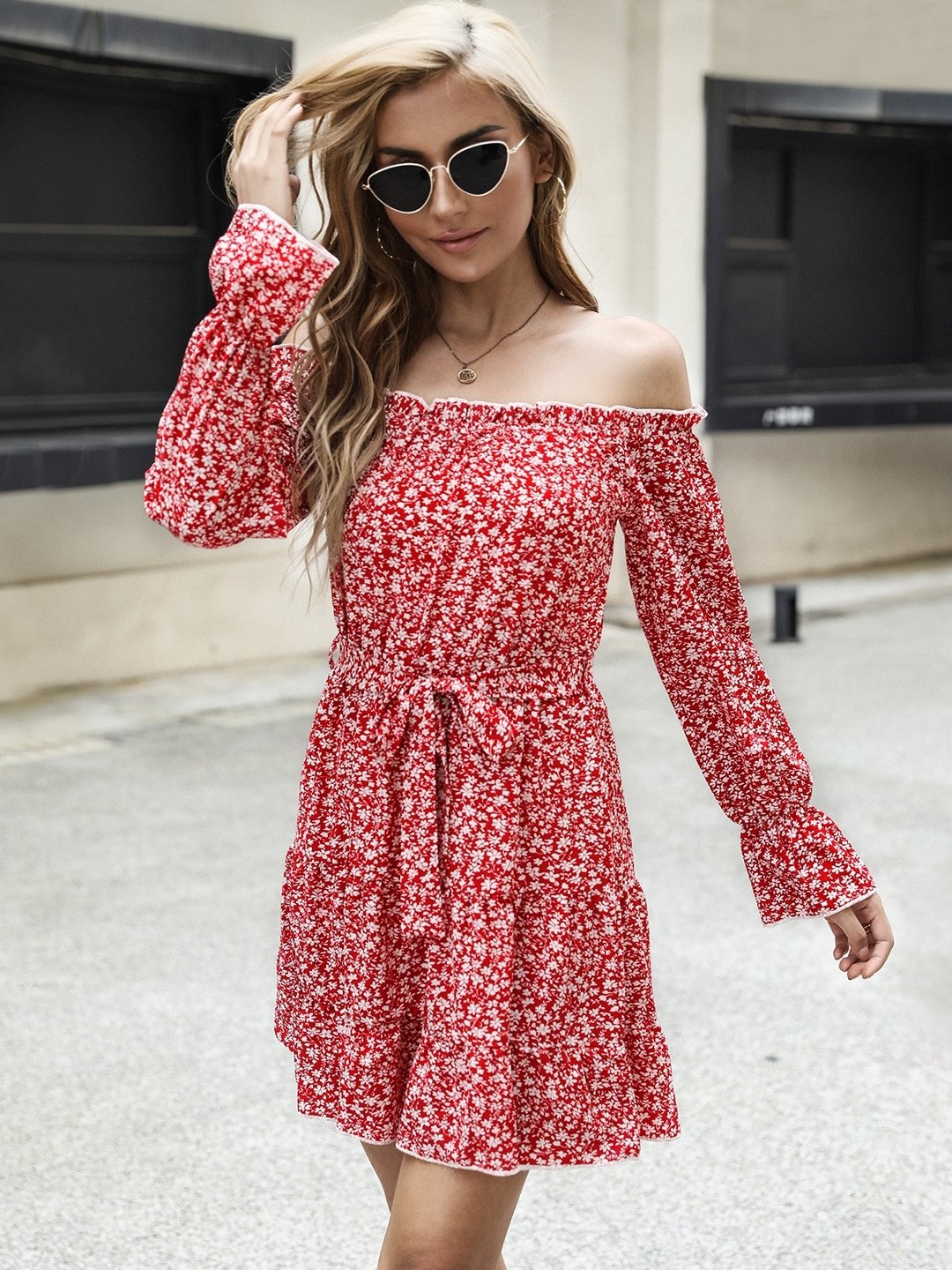 Red Off-Shoulder Polyester Dress