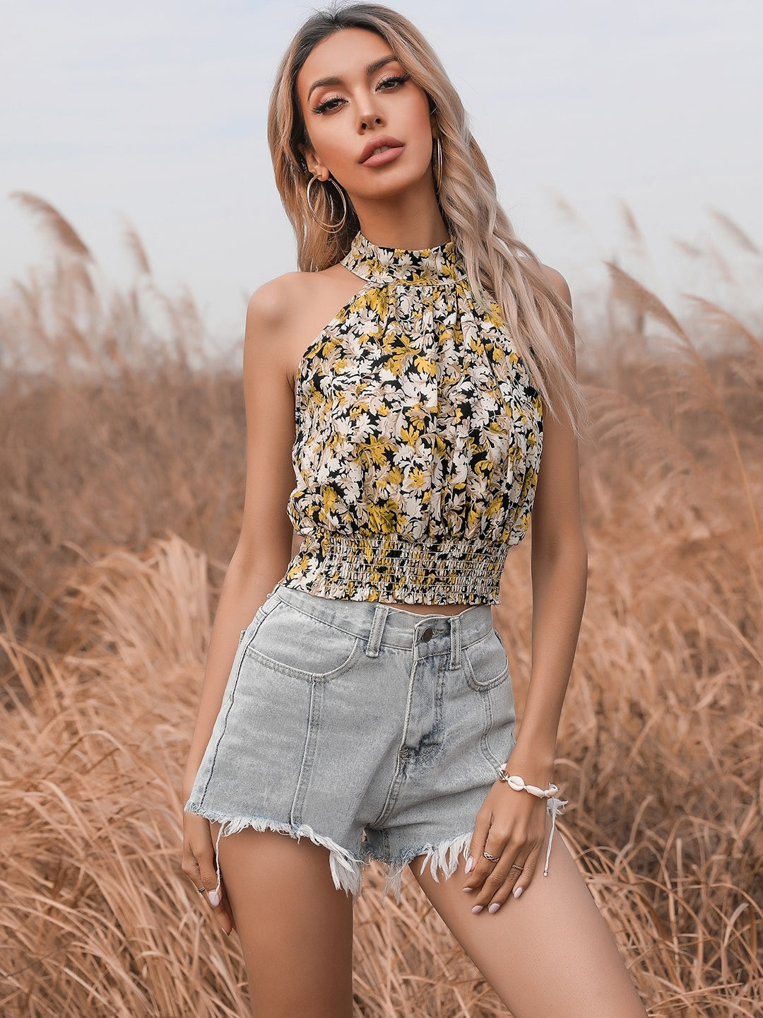 Yellow Floral Polyester Top