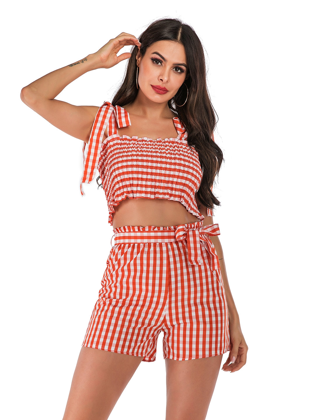 Red Polyester Top & Shorts Set