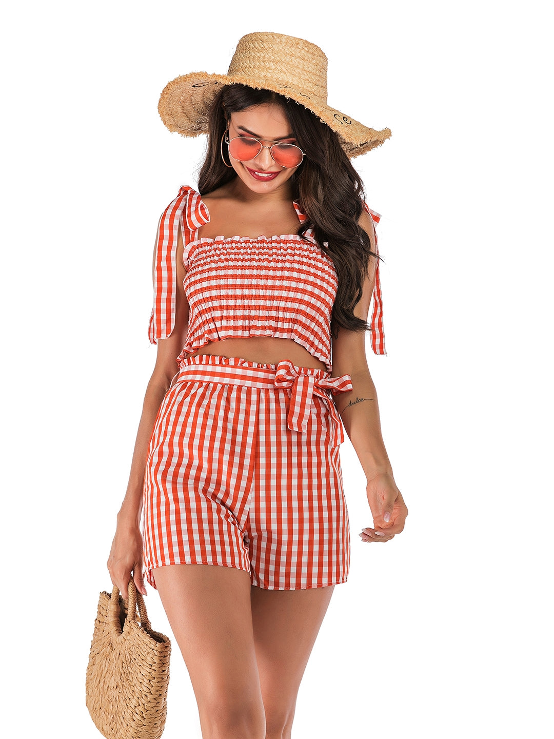 Red Polyester Top & Shorts Set