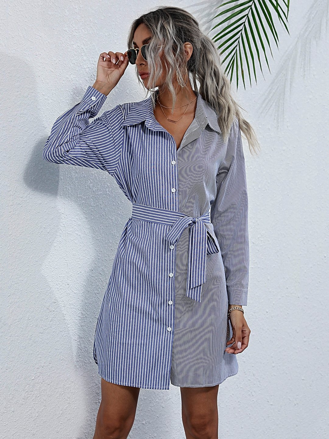 Blue Shirt Collar Polyester Dress