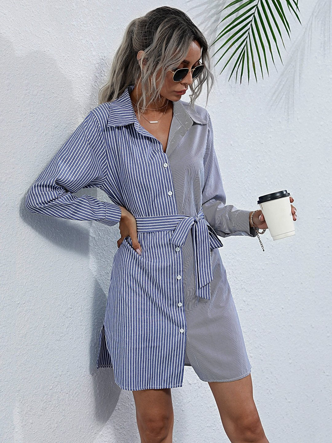 Blue Shirt Collar Polyester Dress