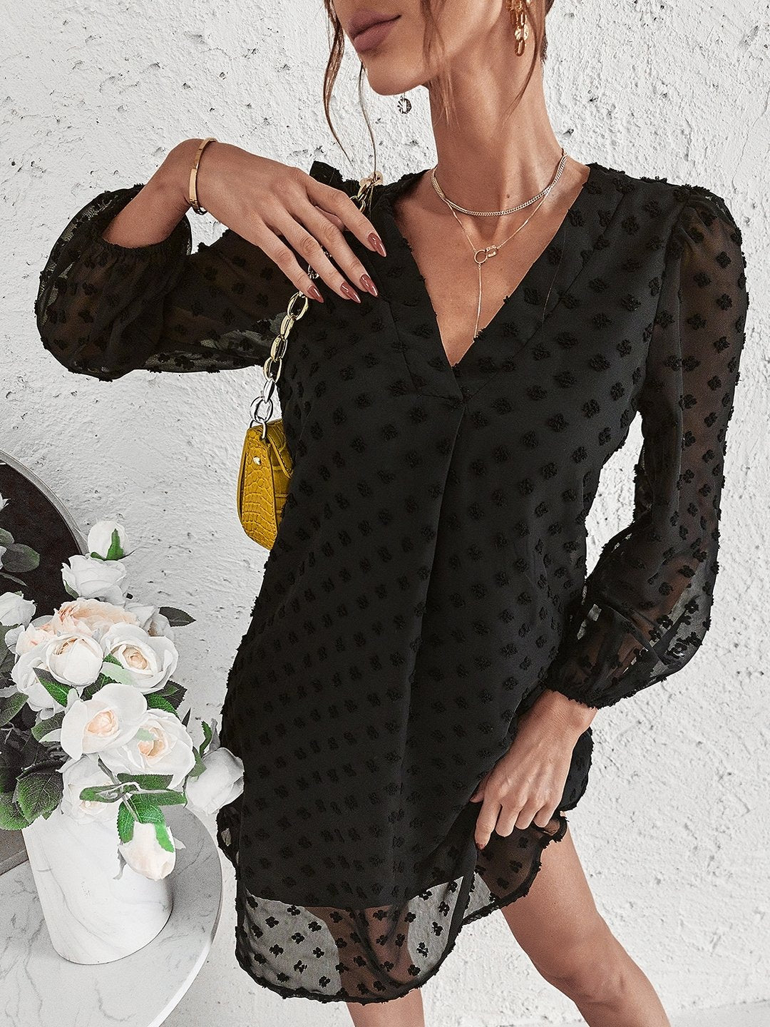 Black V-Neck Polyester Dress