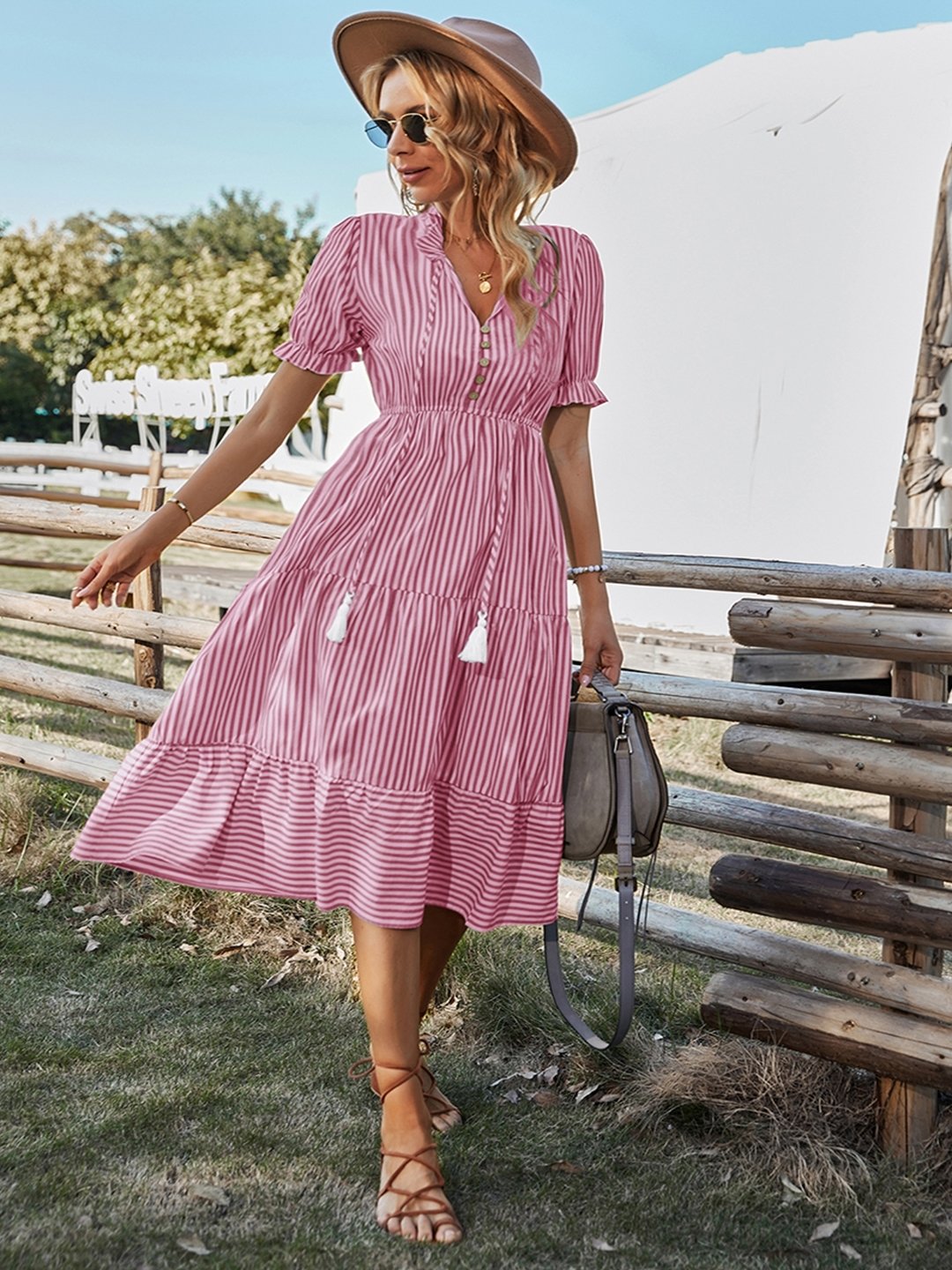 Pink V-Neck Polyester A-Line Dress