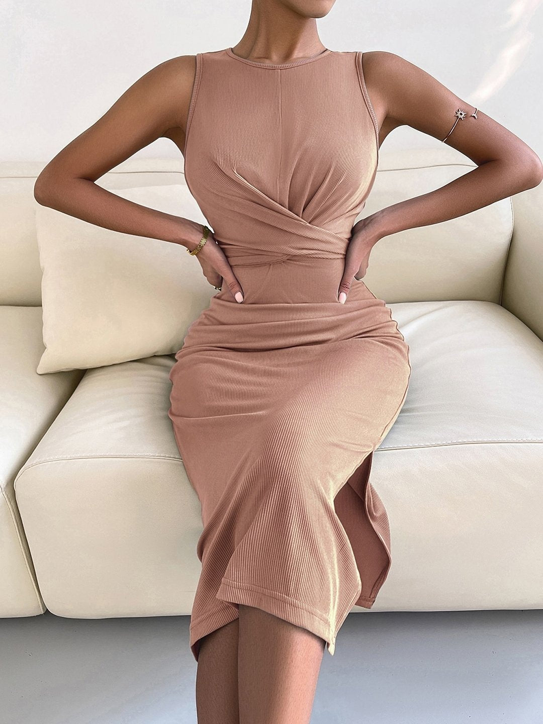 Brown Round Neck Polyester Bodycon Dress