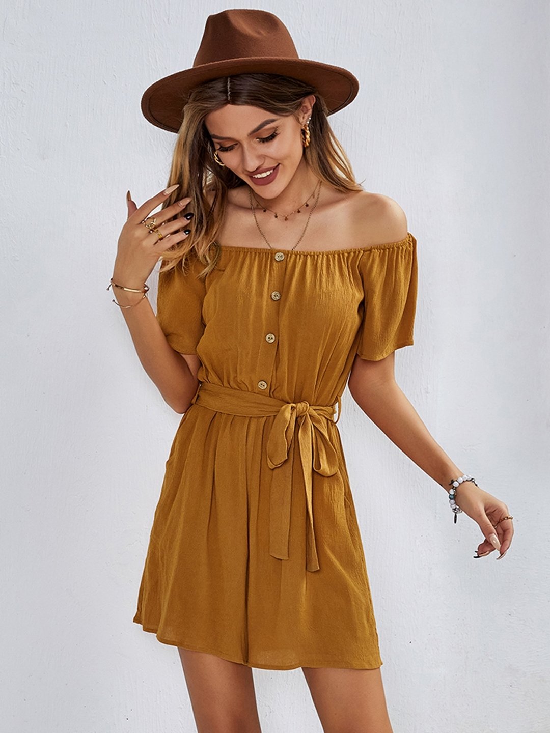 Brown Off-Shoulder Viscose Dress