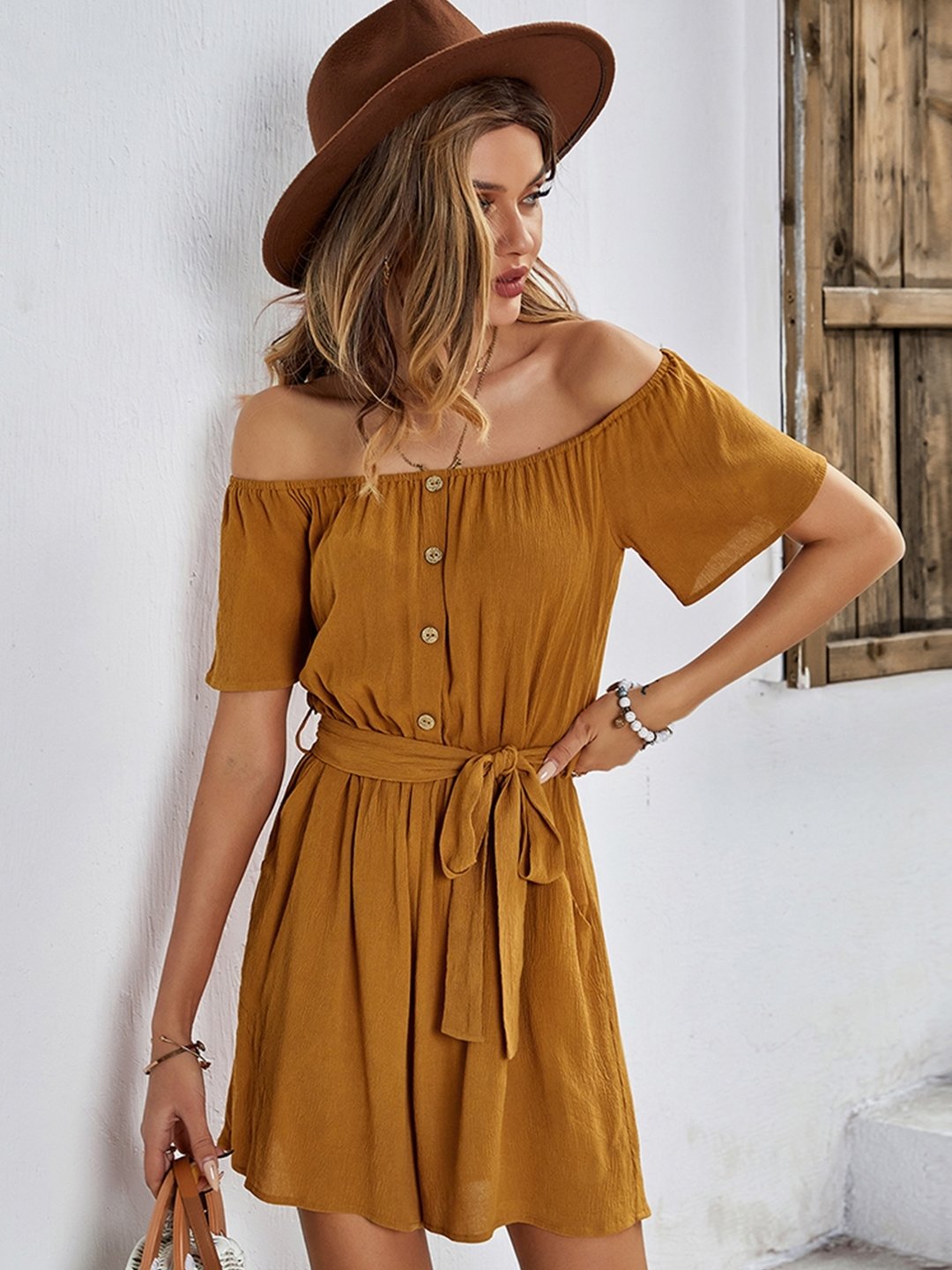 Brown Off-Shoulder Viscose Dress