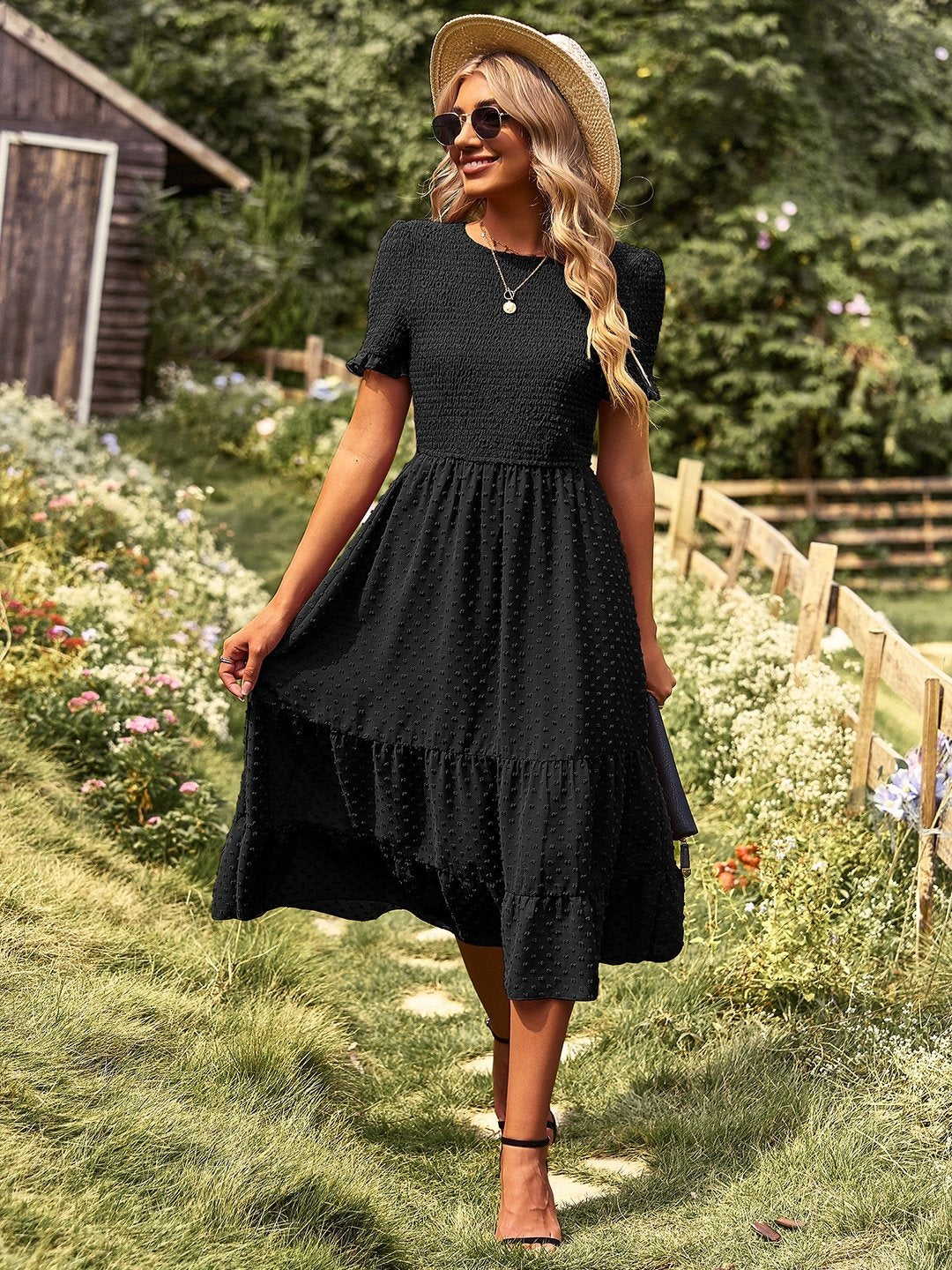 Black Round Neck Polyester A-Line Dress