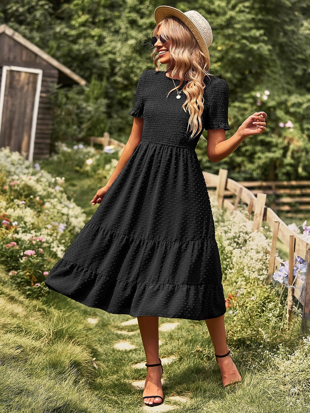 Black Round Neck Polyester A-Line Dress