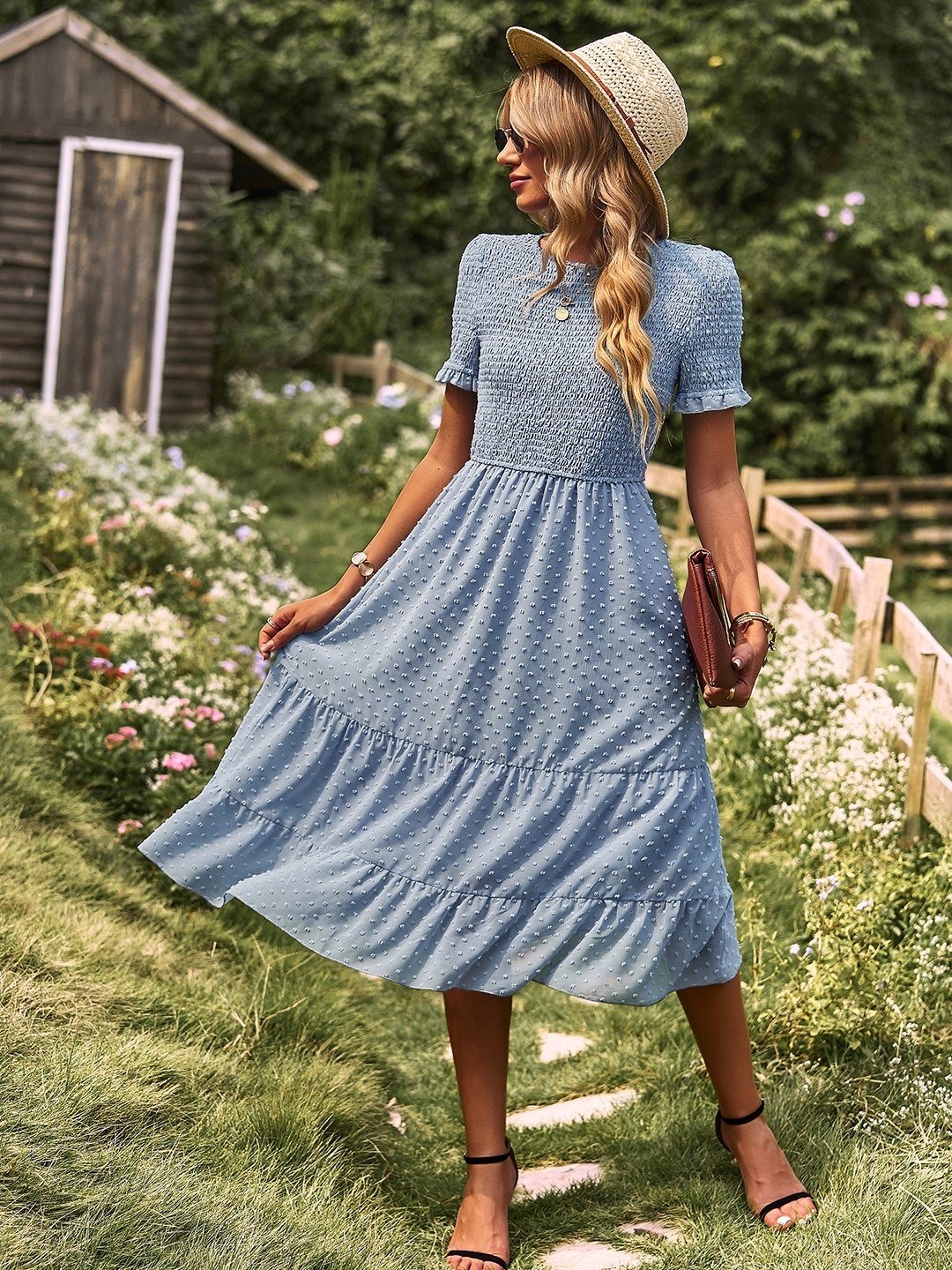 Blue Round Neck Polyester A-Line Dress