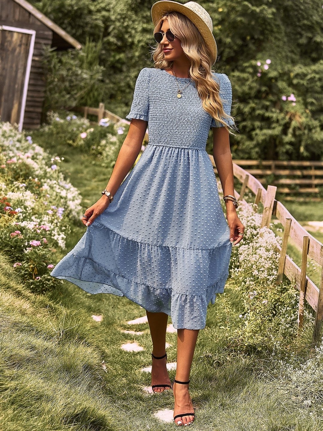 Blue Round Neck Polyester A-Line Dress