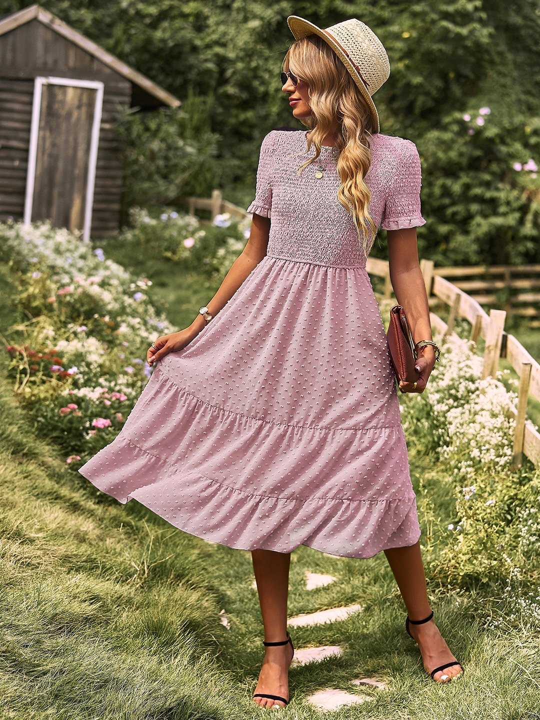 Pink Round Neck Polyester A-Line Dress