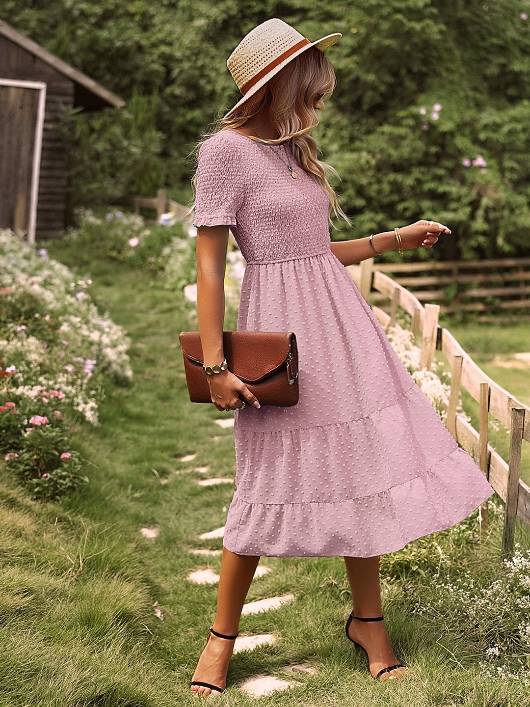 Pink Round Neck Polyester A-Line Dress