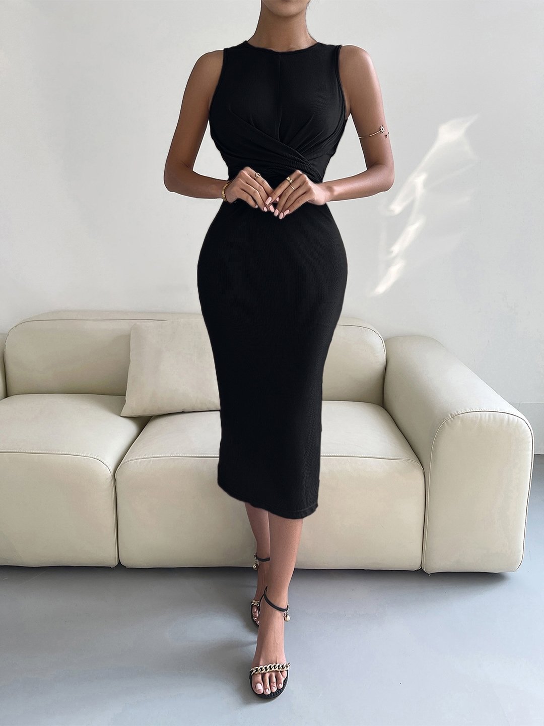 Black Round Neck Polyester Bodycon Dress