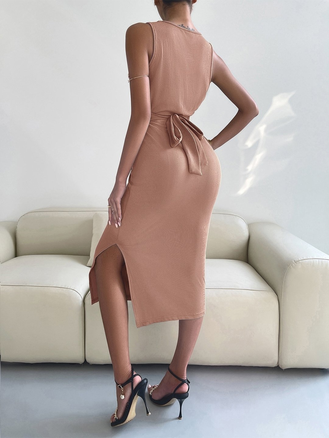 Brown Round Neck Polyester Bodycon Dress