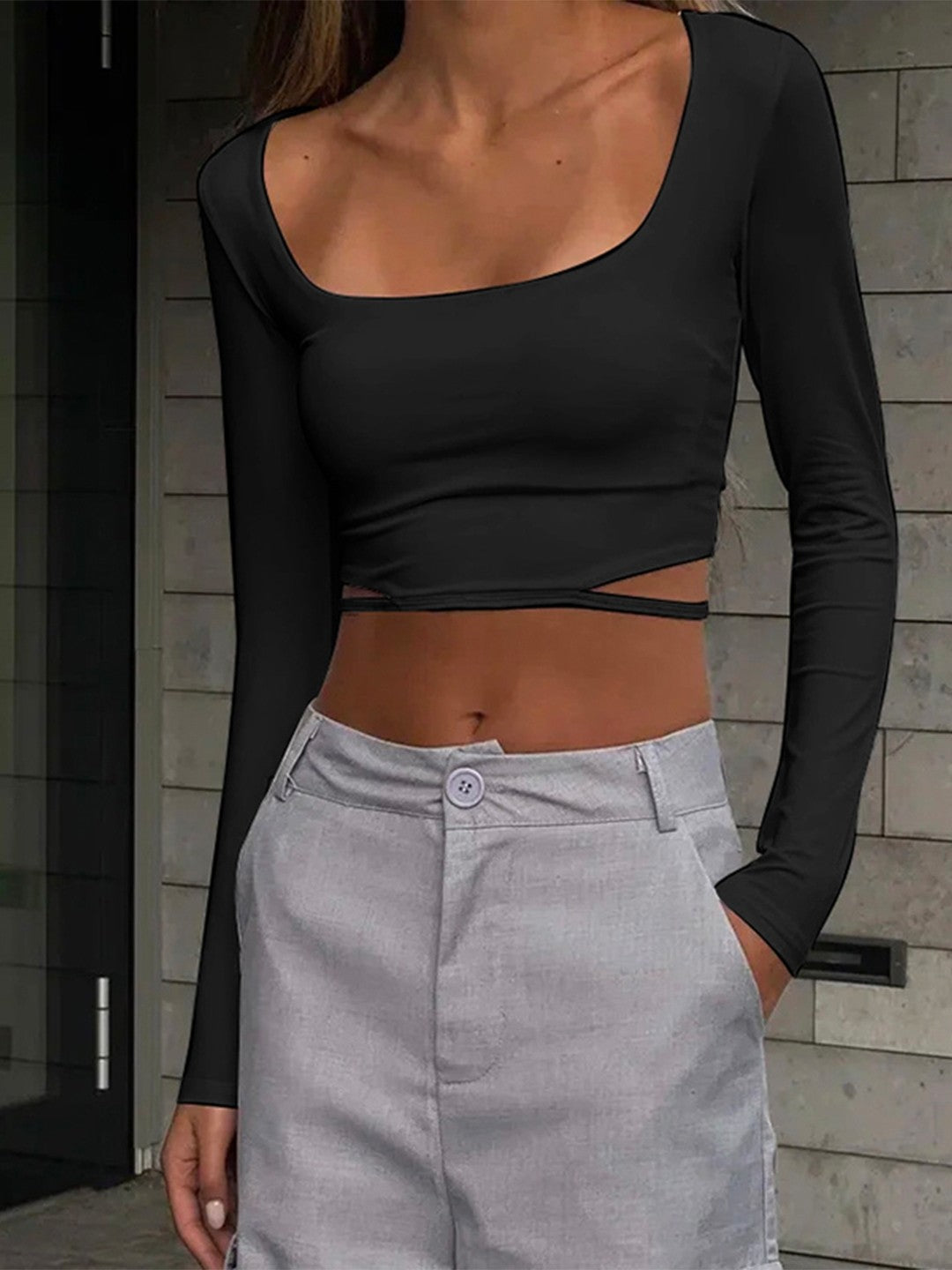 Black Square Neck Polyester Crop Top