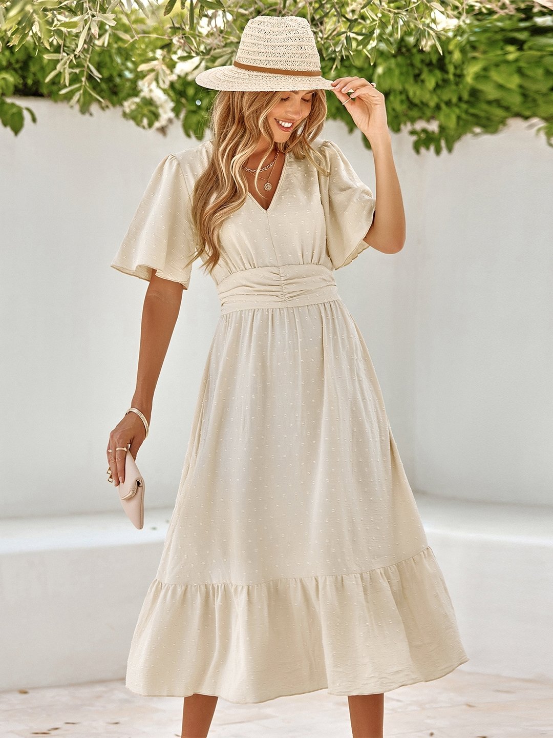 Off White A-Line Polyester Dress