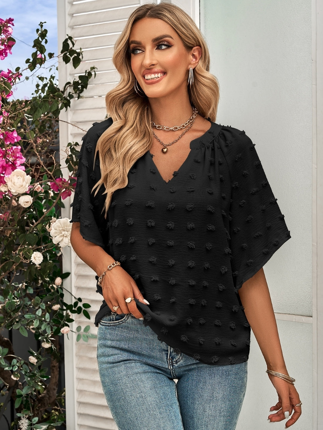 Black V-Neck Polyester Top