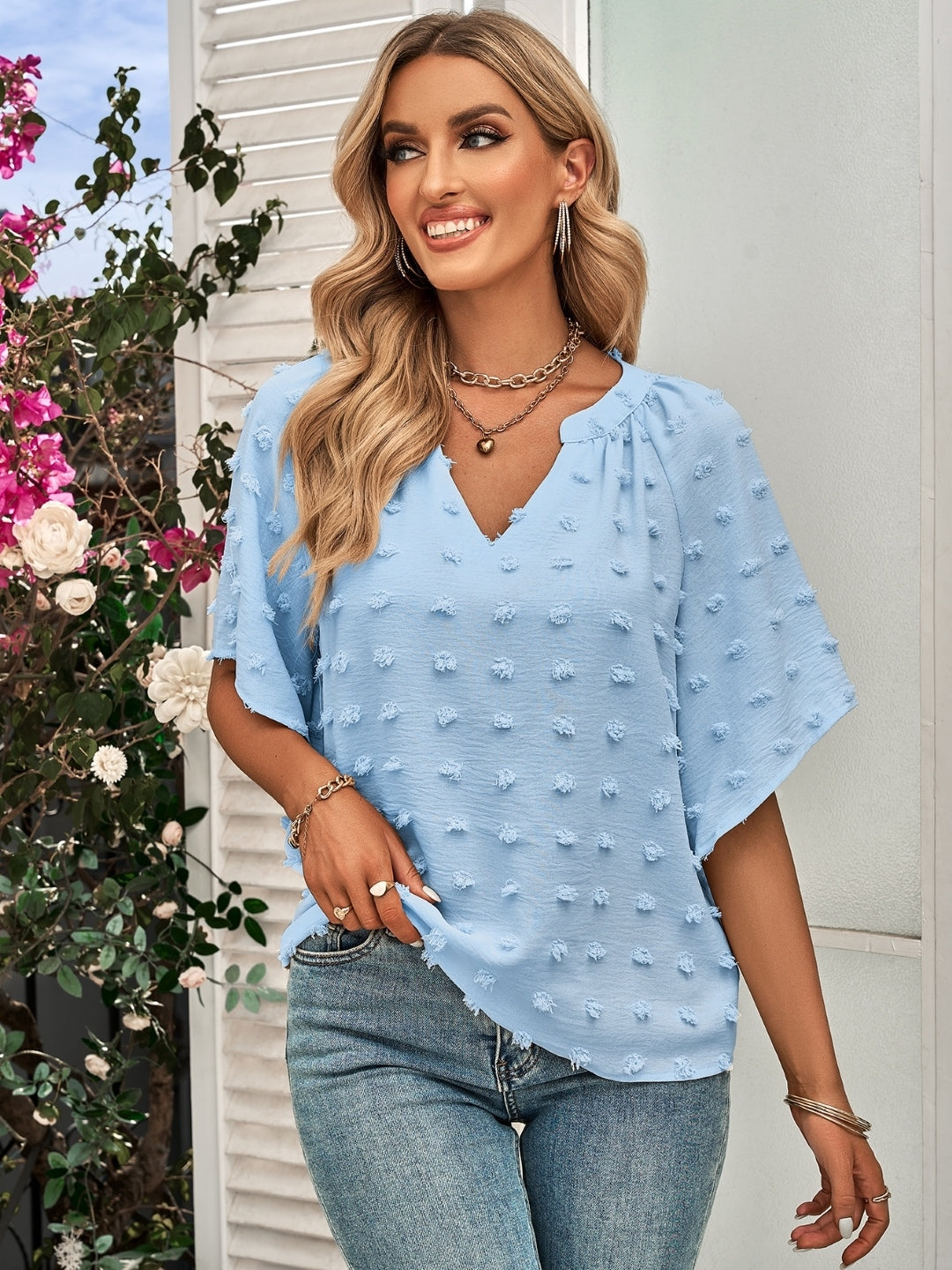 Blue V-Neck Polyester Top