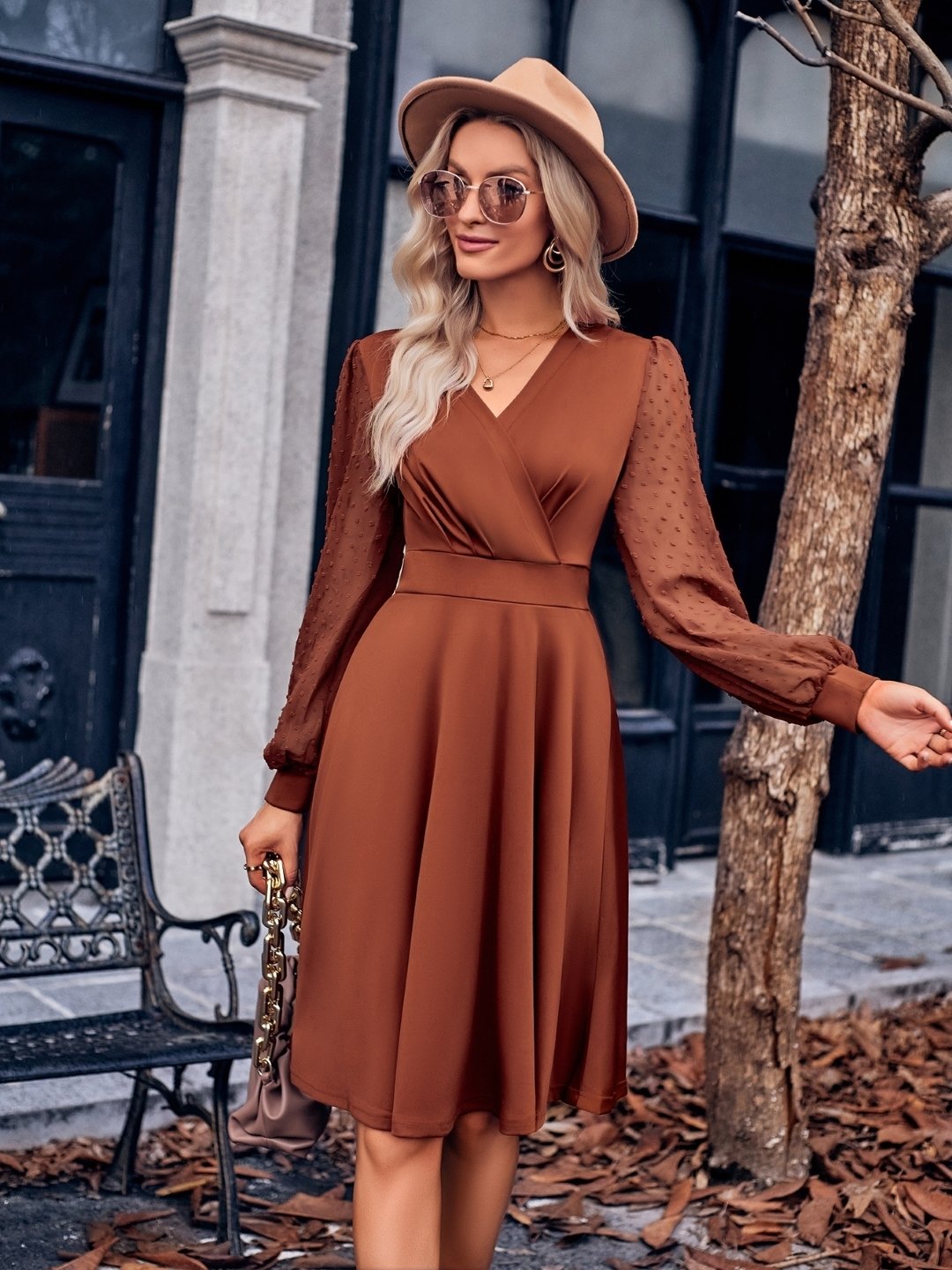 Brown A-Line Polyester Dress