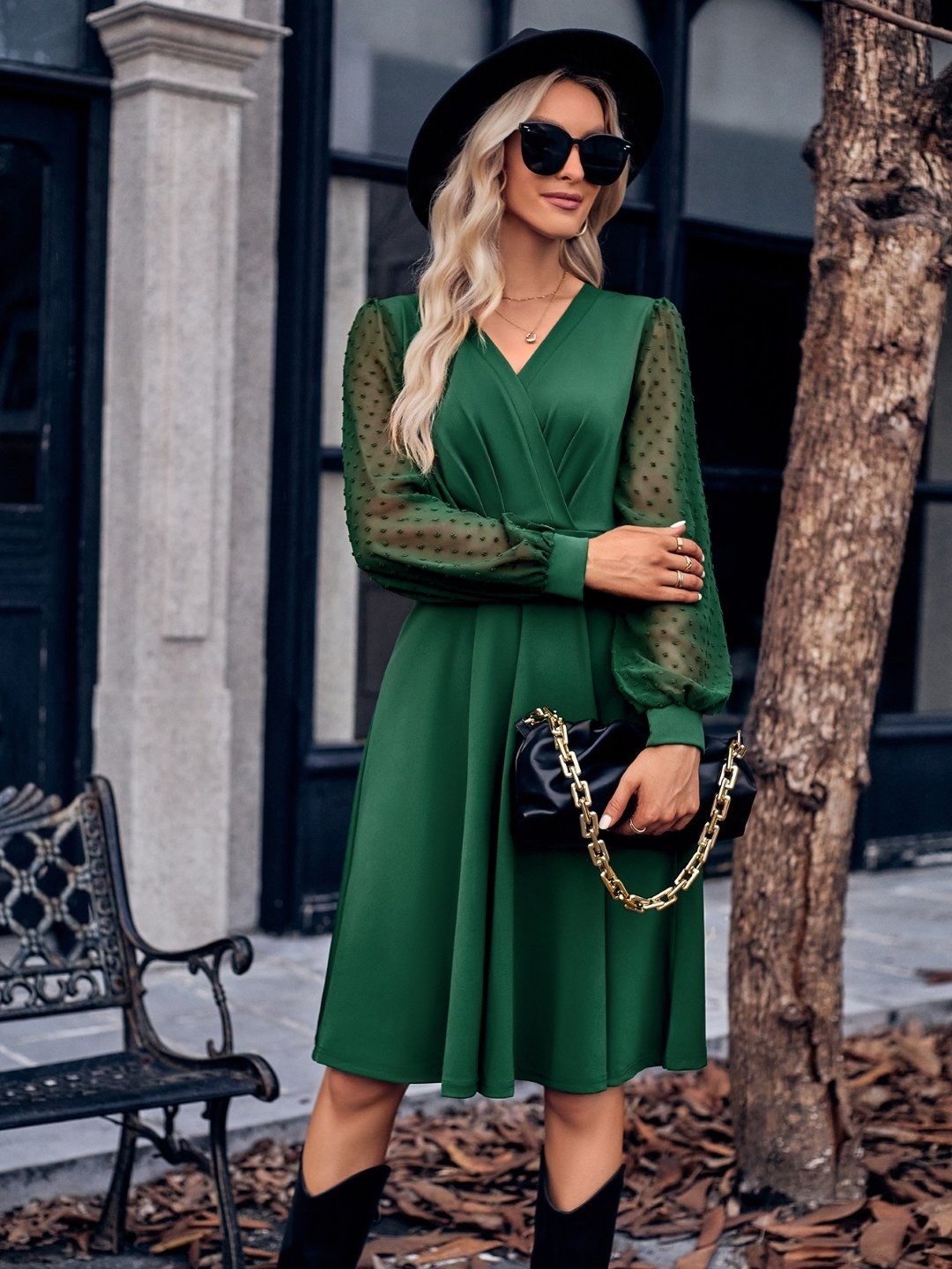 Green A-Line Polyester Dress