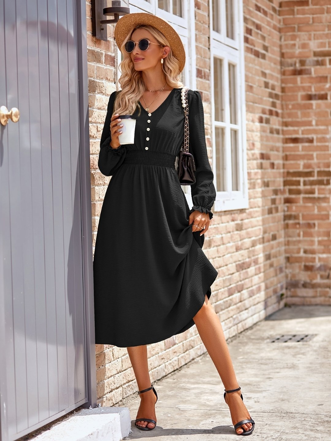 Black A-Line Polyester Dress