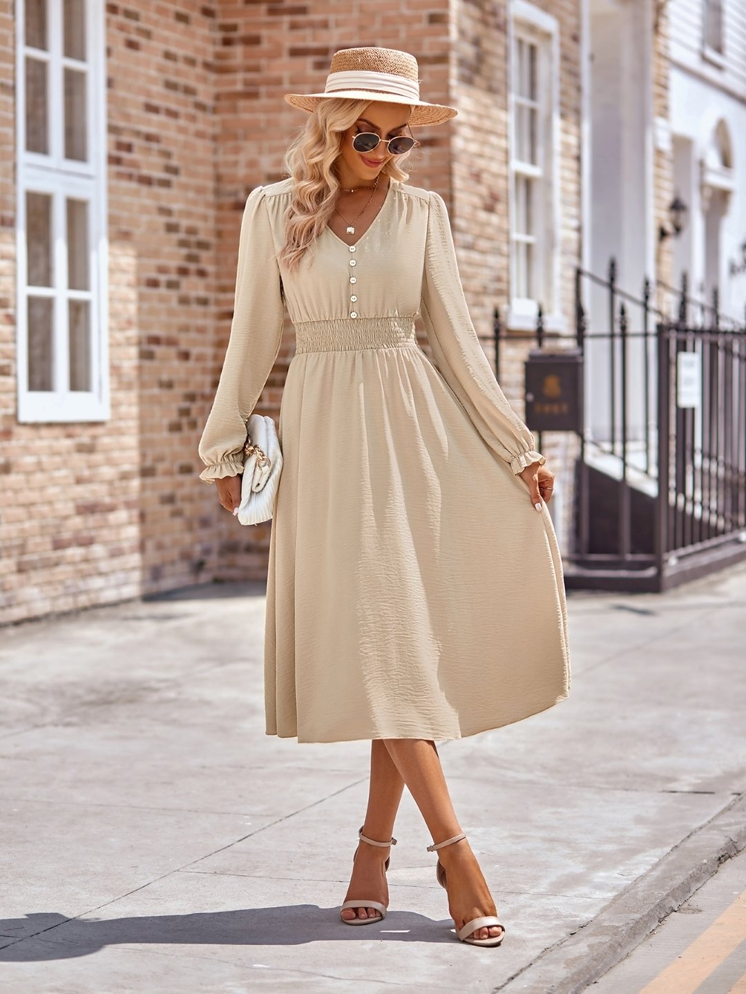 Cream A-Line Polyester Dress