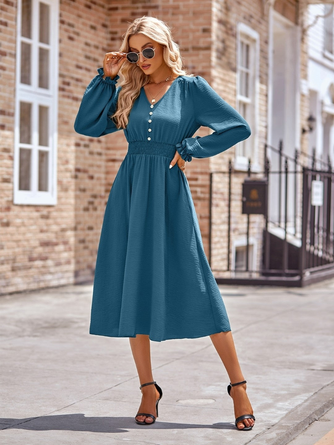 Navy Blue A-Line Polyester Dress