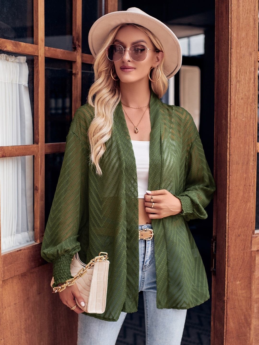 Green Long Sleeve Collarless Polyester Jacket