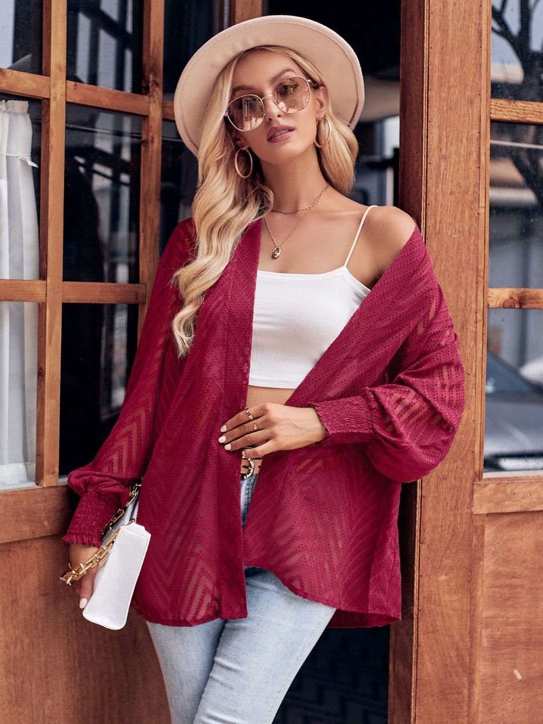 Maroon Long Sleeve Collarless Polyester Jacket